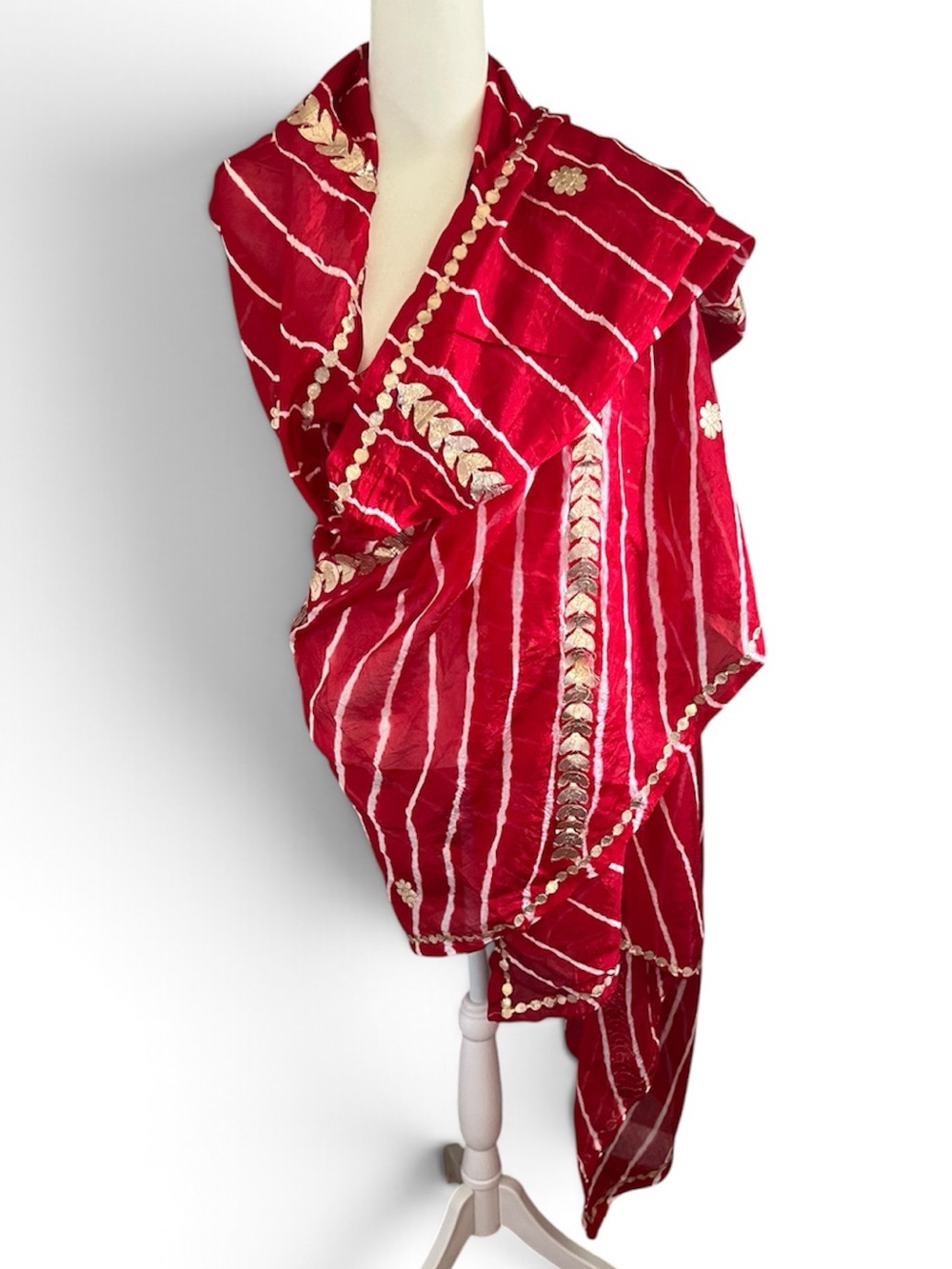 Cherry Red Leheriya Dupatta with Elegant Gold Border & Gota Patti Detailing
